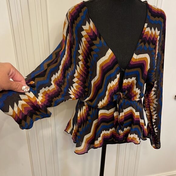 For Love & Lemons tie‎ front geometric print peplum blouse size XS - Picture 4 of 8
